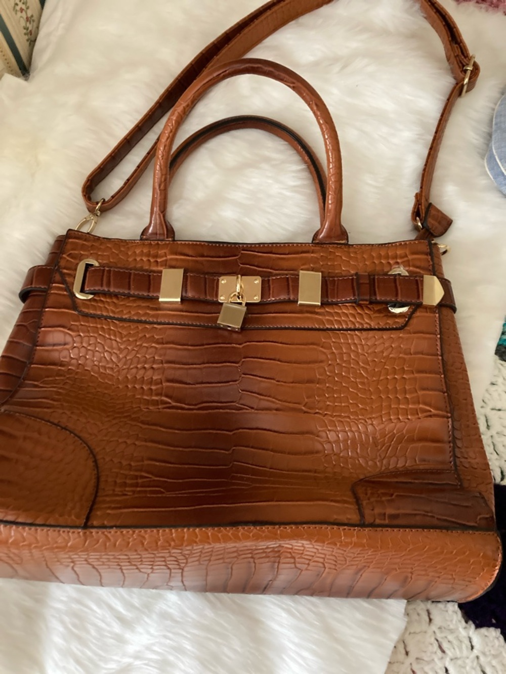 JustFab Croc-Embossed Satchel in Cognac Brown with Gold Hardware